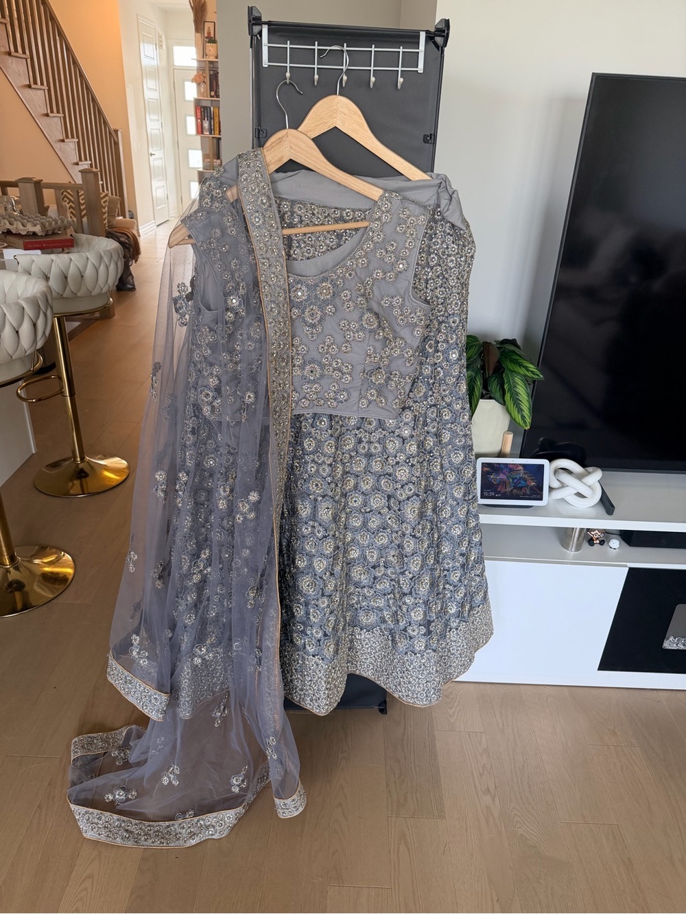 Embellished Grey Floral with mirror work Lehanga and blouse with Dupatta